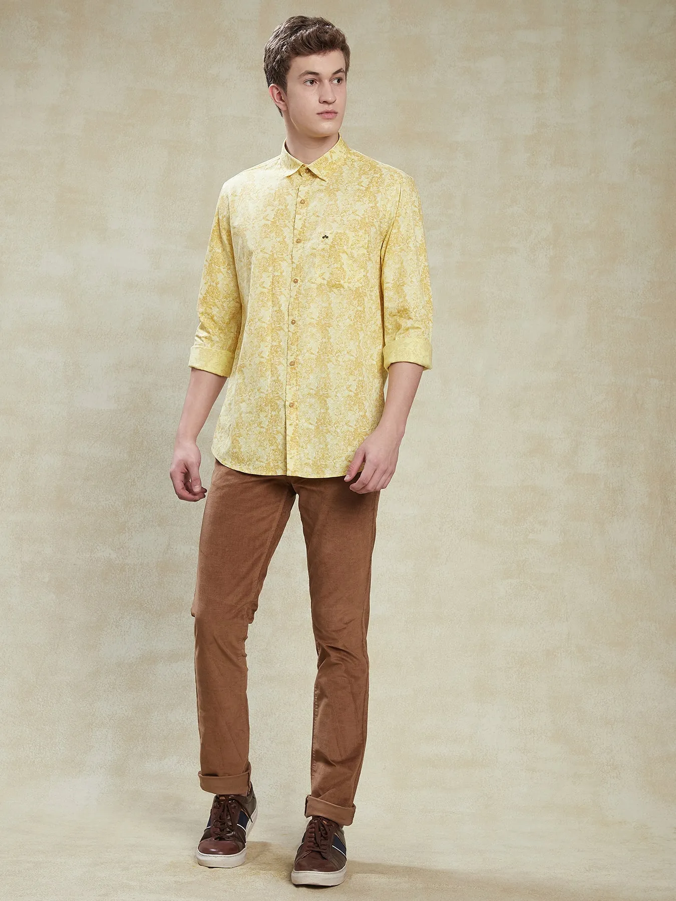 100% Cotton Yellow Slim Fit Full Sleeve Casual Mens Printed Shirt