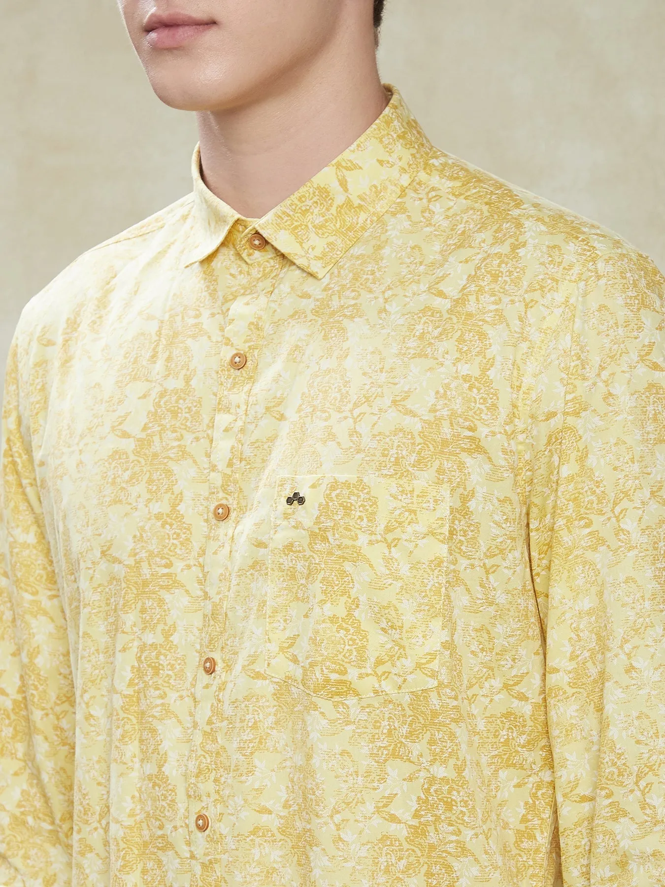 100% Cotton Yellow Slim Fit Full Sleeve Casual Mens Printed Shirt