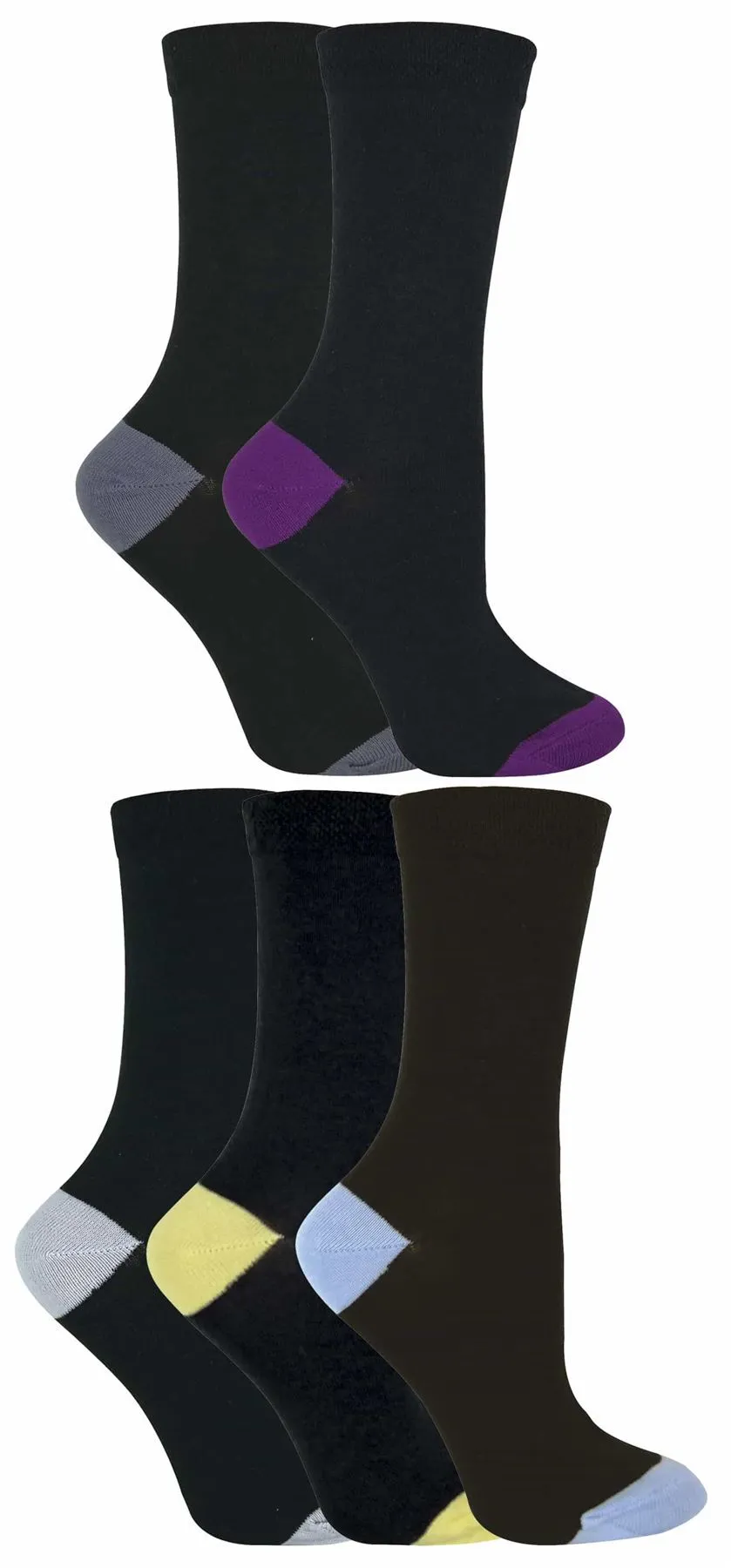 5 Pairs Ladies Coloured Heel & Toe Socks (CS2) Purple H&T