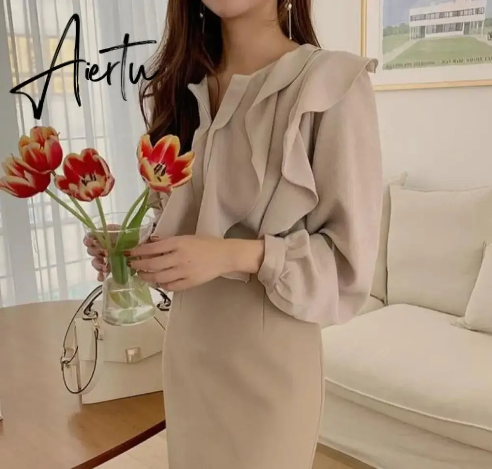 Aiertu Female Fashion Korea Chic Tops Blusas Women Long Sleeve Elegant Basic Wear Office Lady Work Bow Tie Shirt Blouses