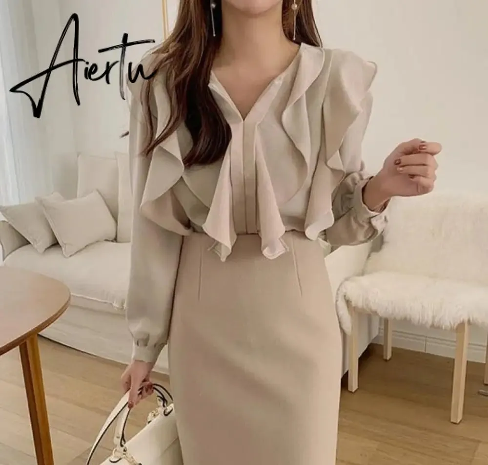 Aiertu Female Fashion Korea Chic Tops Blusas Women Long Sleeve Elegant Basic Wear Office Lady Work Bow Tie Shirt Blouses