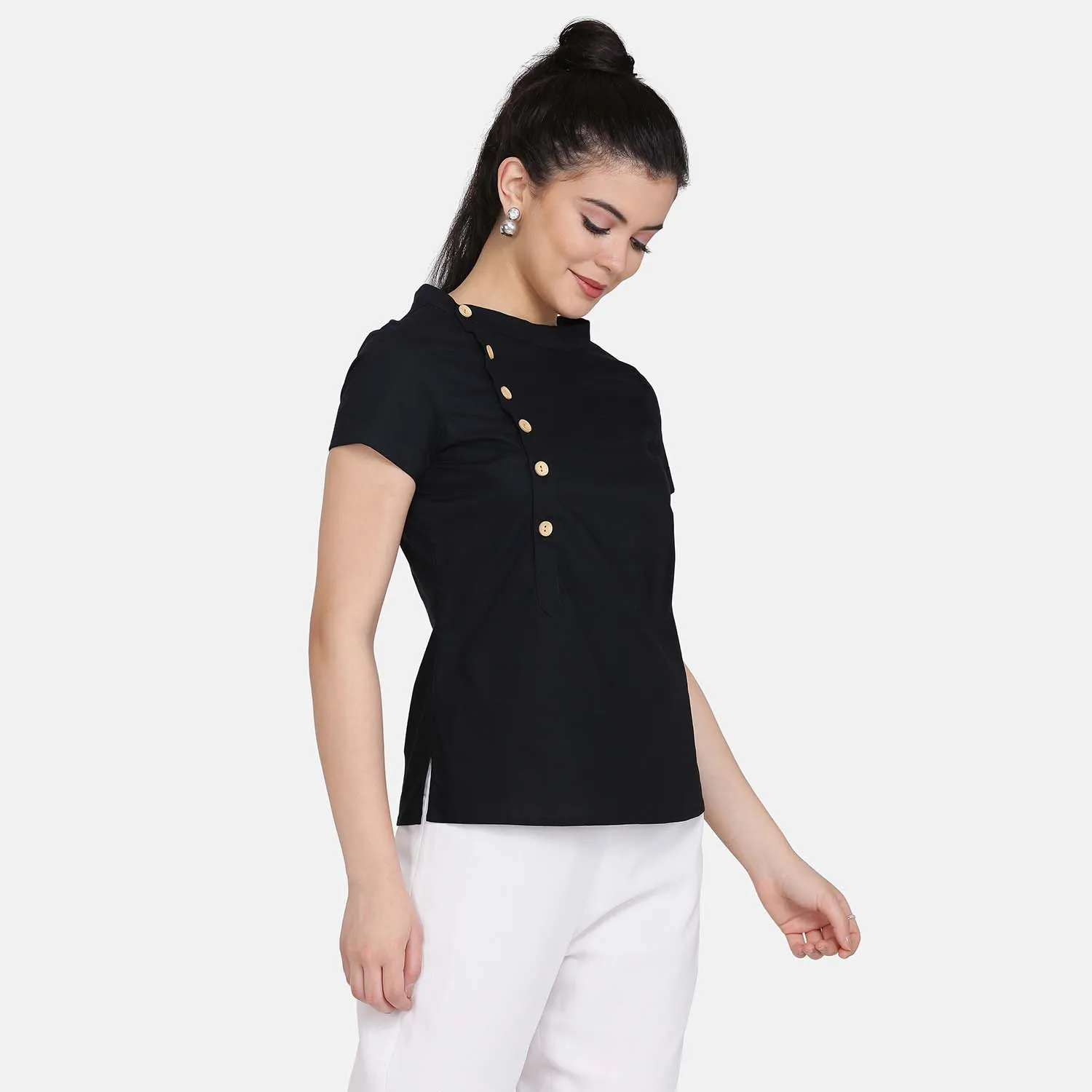 Black Cotton Stylish Work Wood Button Women's Top