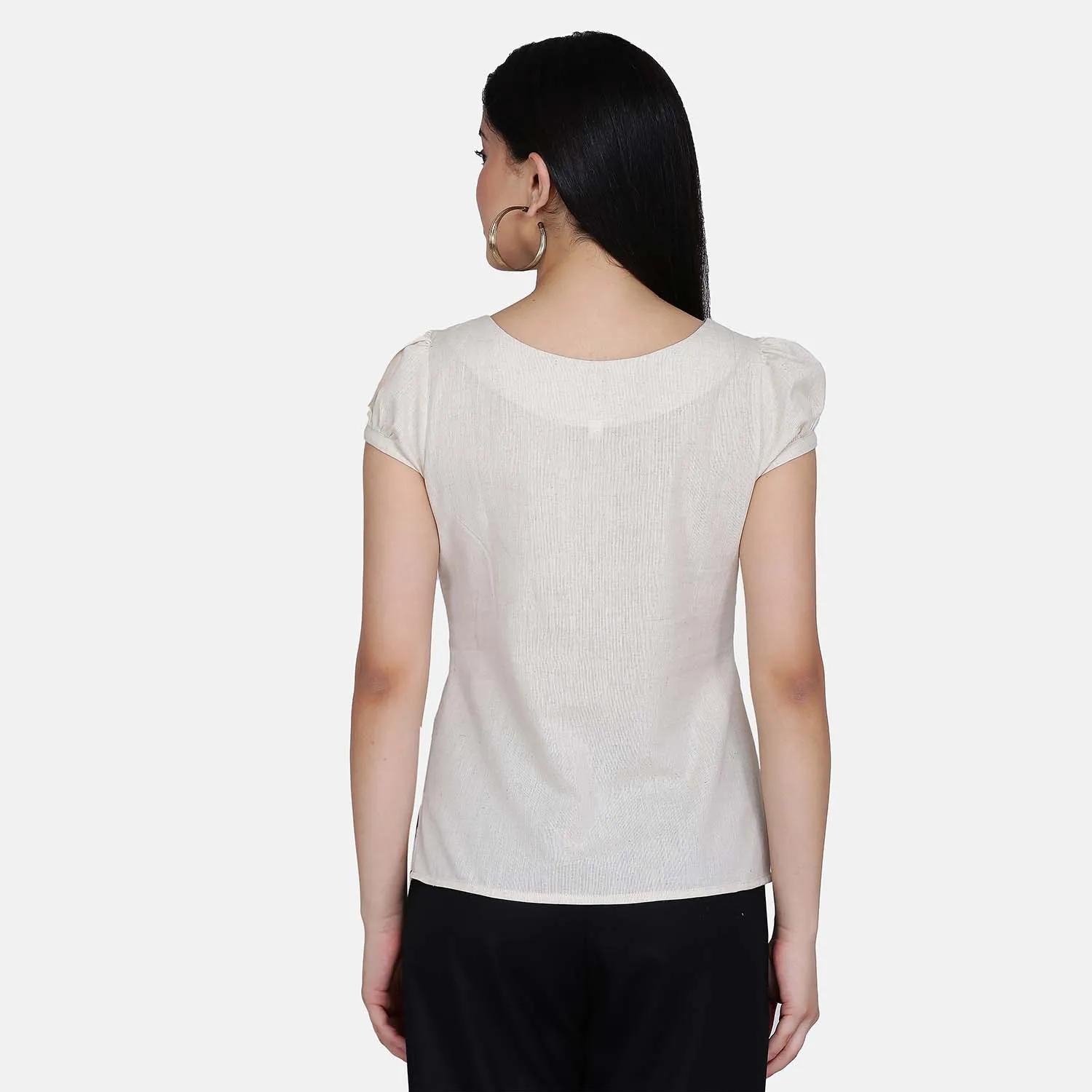 Breathable Beige 100% Cotton Flap Detail Top