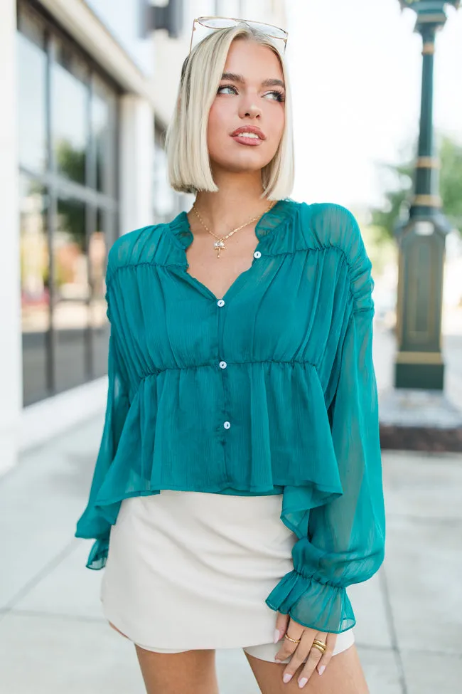 Breathe Deeper Jade Sheer Ruched Blouse FINAL SALE