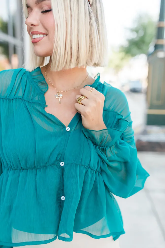 Breathe Deeper Jade Sheer Ruched Blouse FINAL SALE