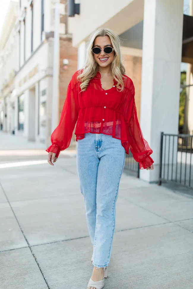 Breathe Deeper Red Sheer Ruched Blouse