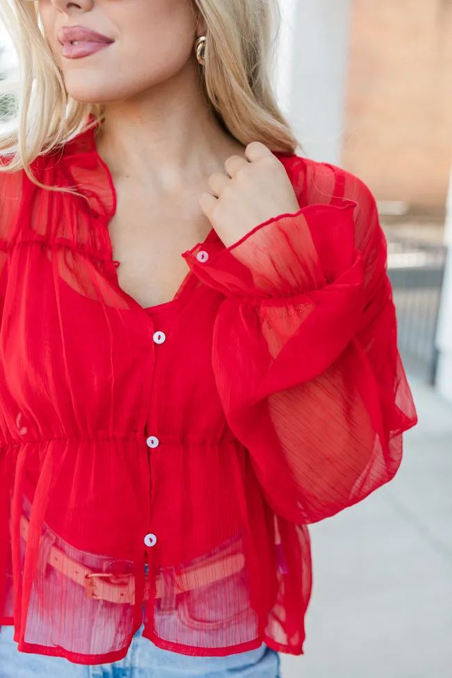 Breathe Deeper Red Sheer Ruched Blouse