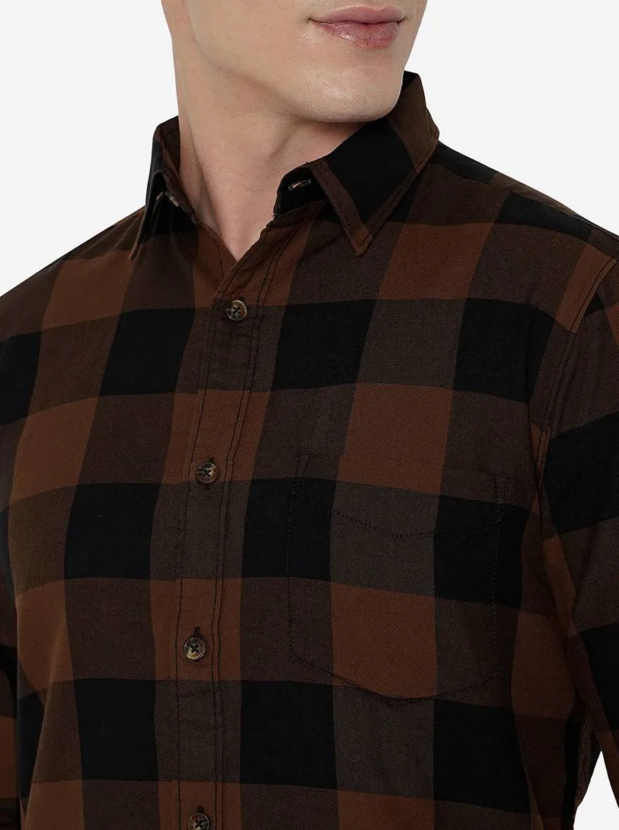 Brown & Navy Blue Checked Slim Fit Semi Casual Shirt | JadeBlue