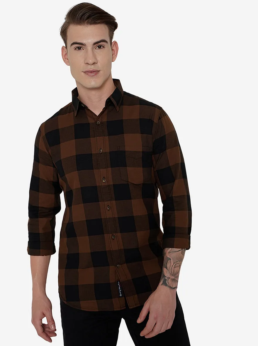 Brown & Navy Blue Checked Slim Fit Semi Casual Shirt | JadeBlue