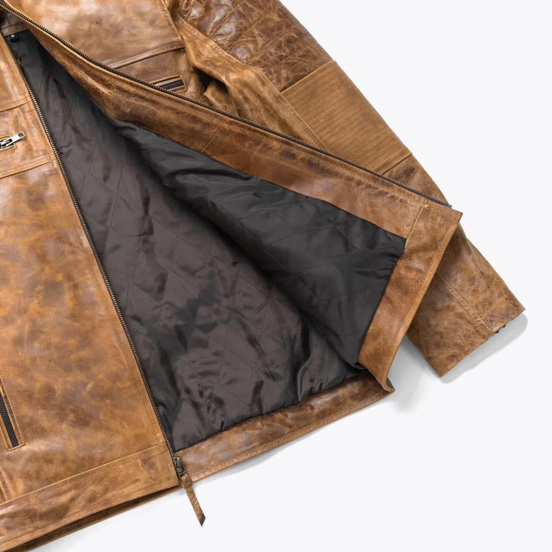 Cafe Racer Leather Jacket | Distressed Tan