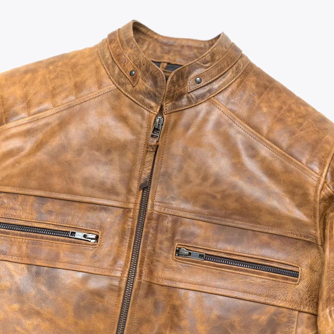 Cafe Racer Leather Jacket | Distressed Tan