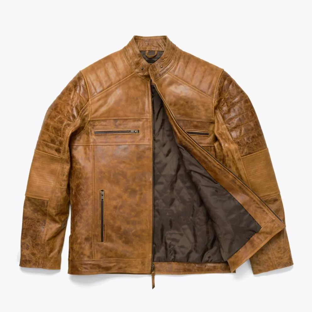 Cafe Racer Leather Jacket | Distressed Tan