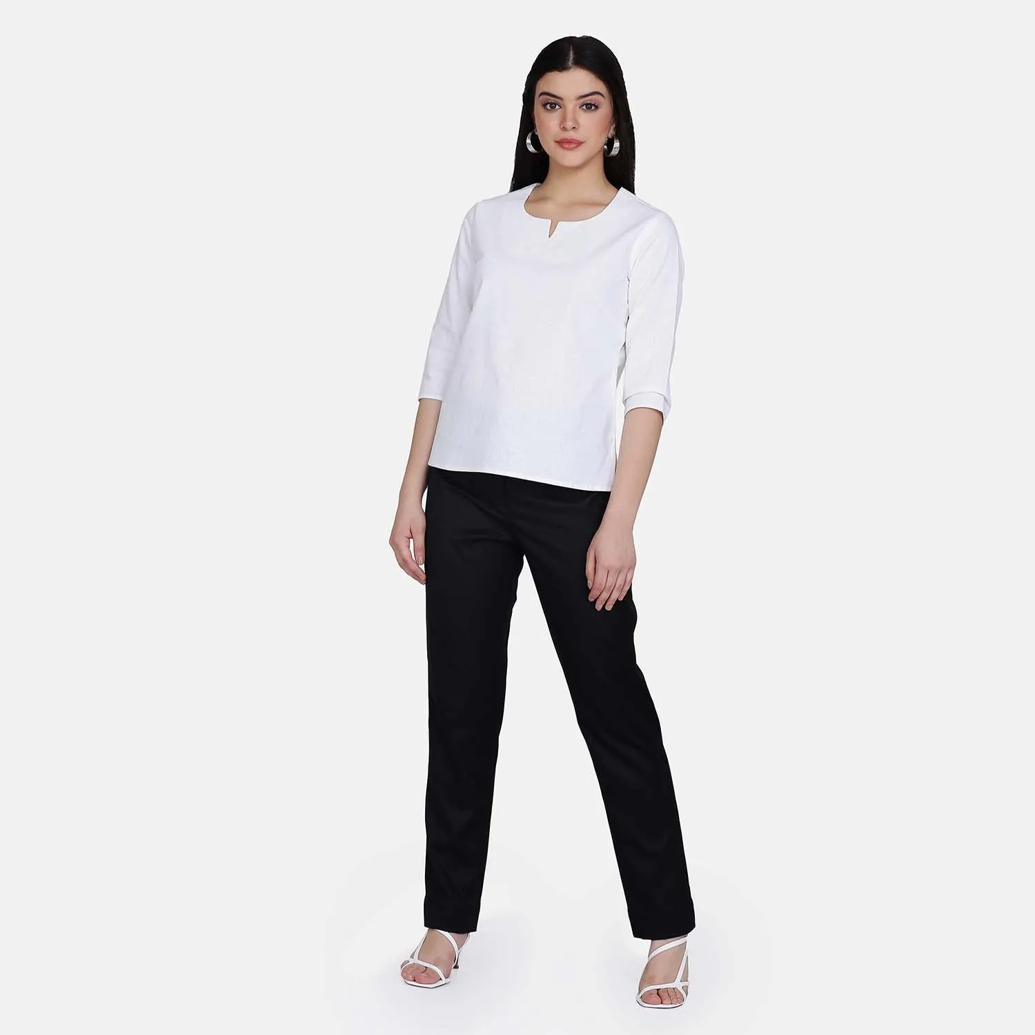 Casual White Pure Cotton Split Neck Office Top