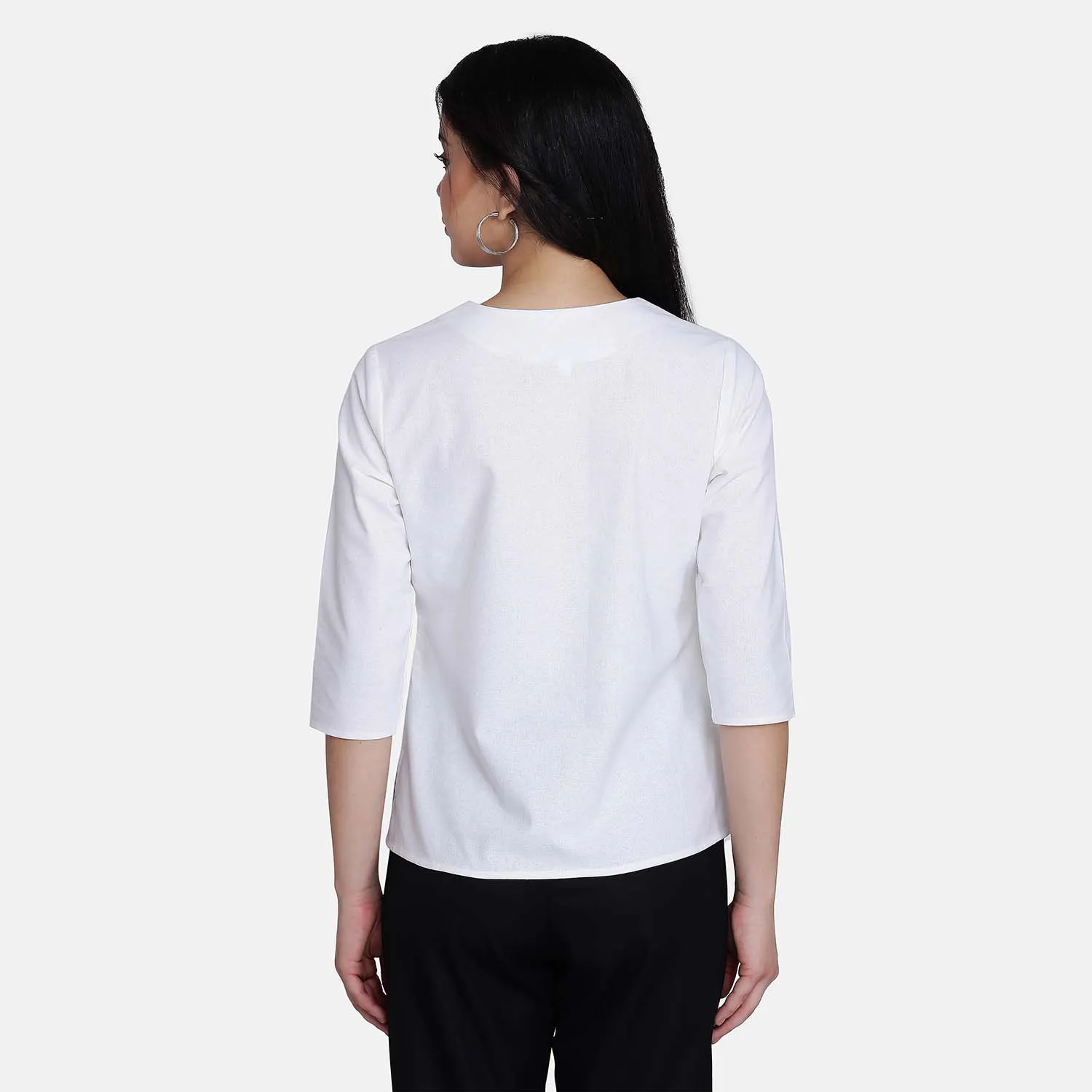 Casual White Pure Cotton Split Neck Office Top