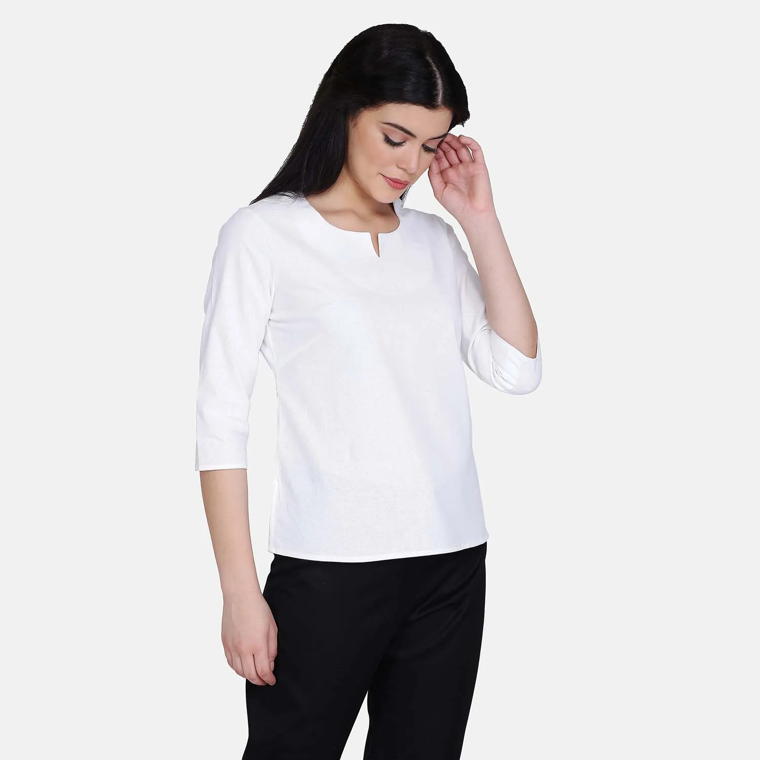 Casual White Pure Cotton Split Neck Office Top