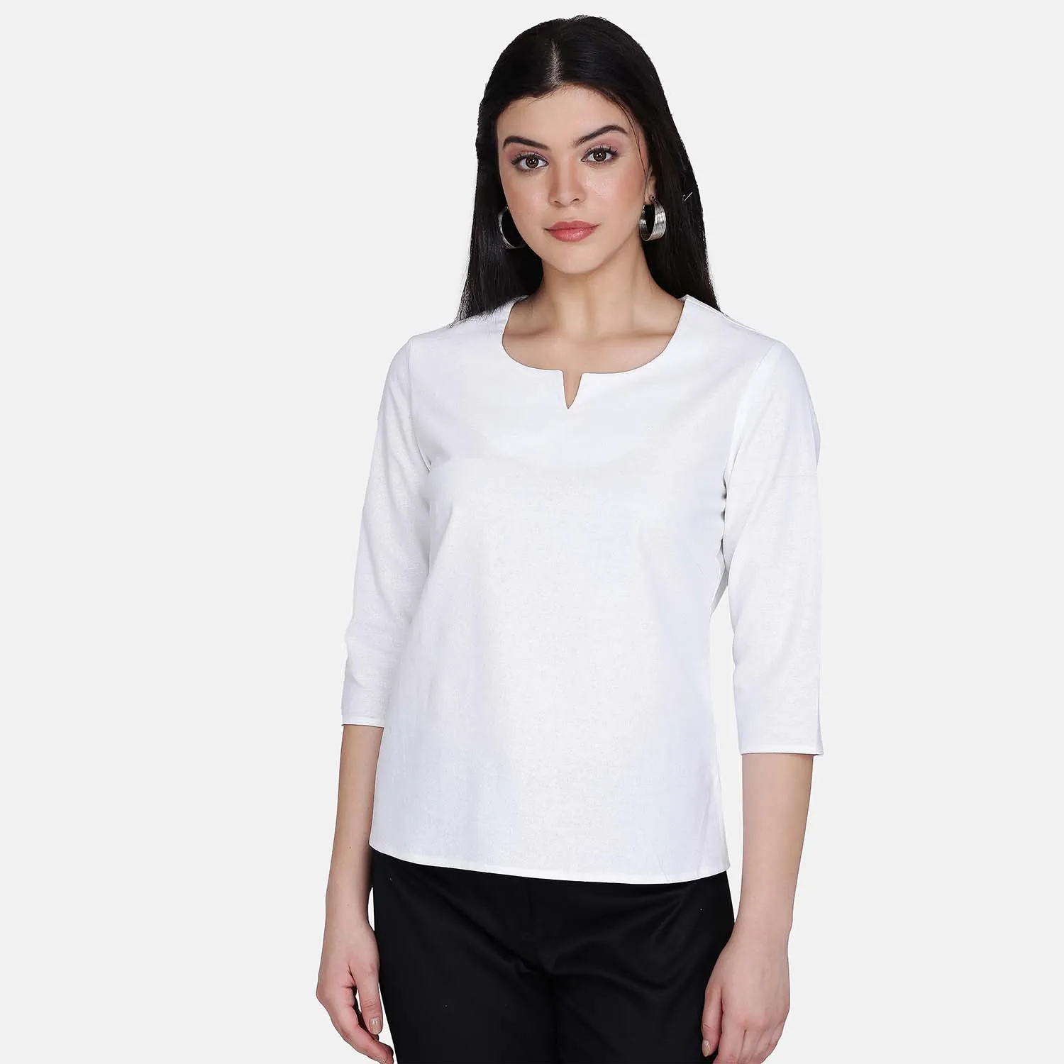 Casual White Pure Cotton Split Neck Office Top