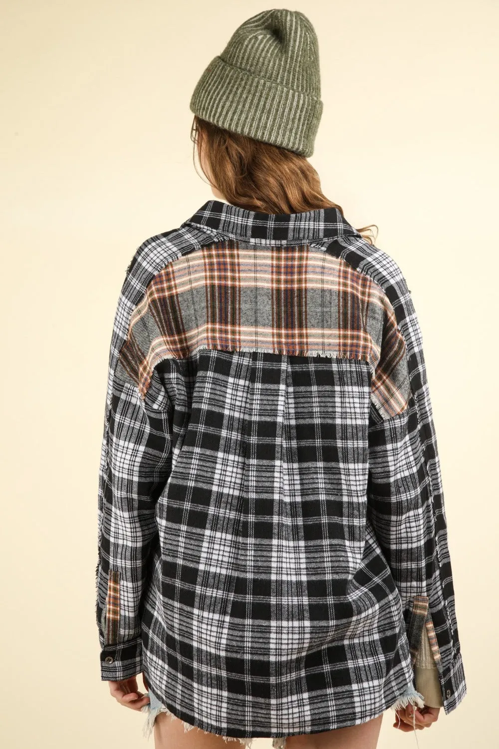 Contrast Plaid Raw Detail Shirt - Casual Oversized Fit Black