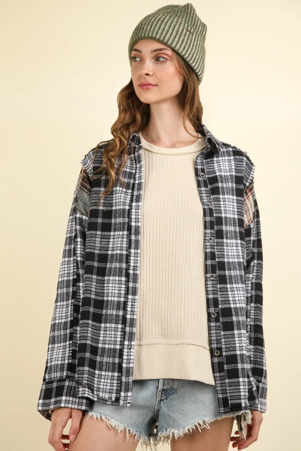 Contrast Plaid Raw Detail Shirt - Casual Oversized Fit Black