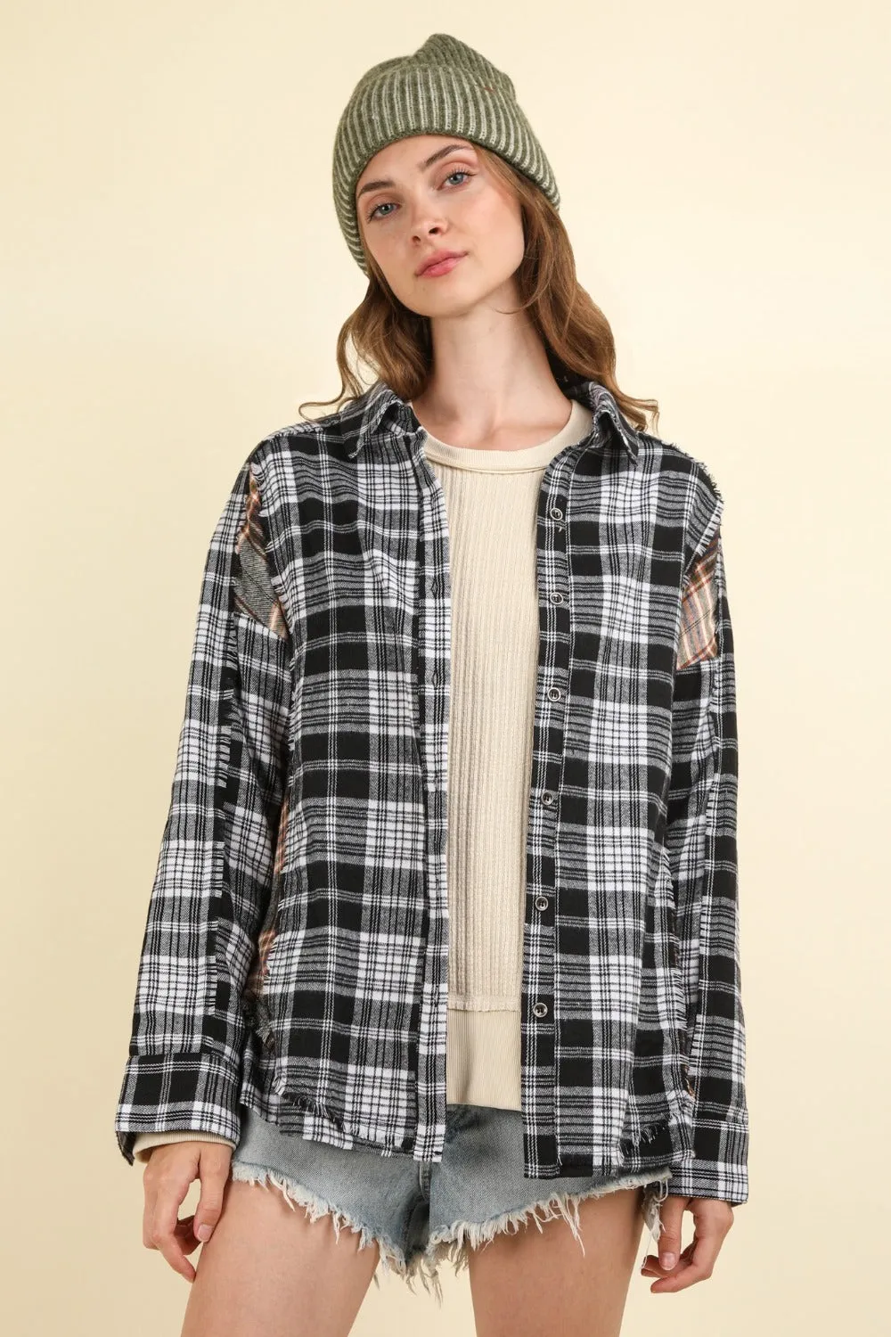 Contrast Plaid Raw Detail Shirt - Casual Oversized Fit Black