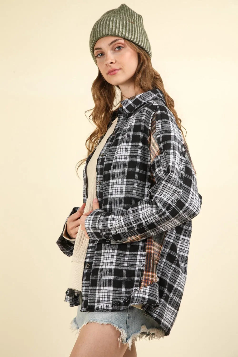 Contrast Plaid Raw Detail Shirt - Casual Oversized Fit Black