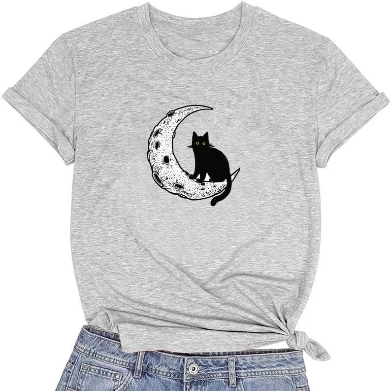 CORIRESHA Women's Moon Black Cat Crewneck Short Sleeve Casual Basic Cute T-Shirt