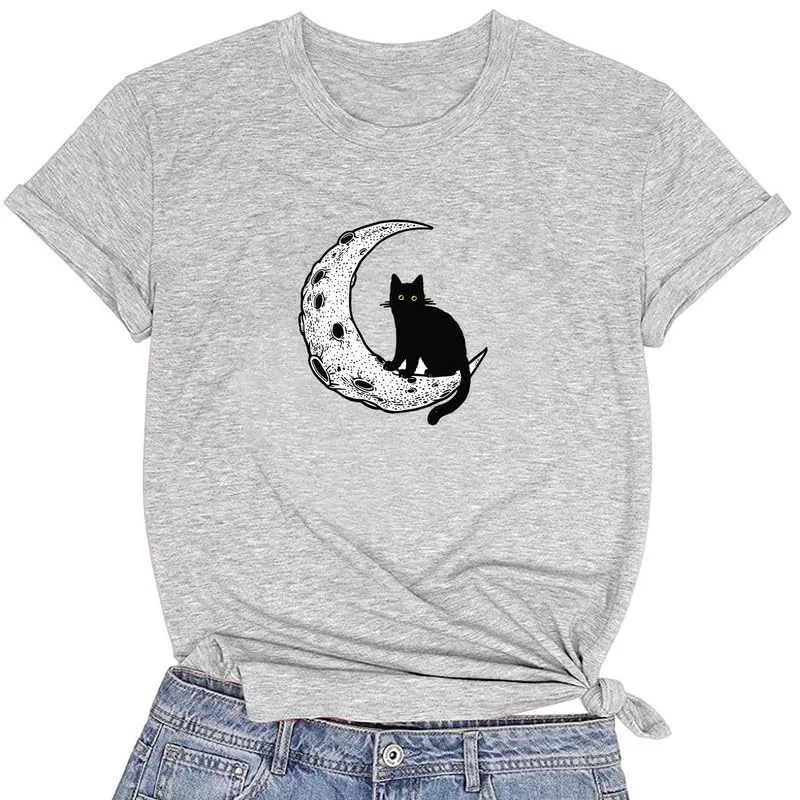 CORIRESHA Women's Moon Black Cat Crewneck Short Sleeve Casual Basic Cute T-Shirt