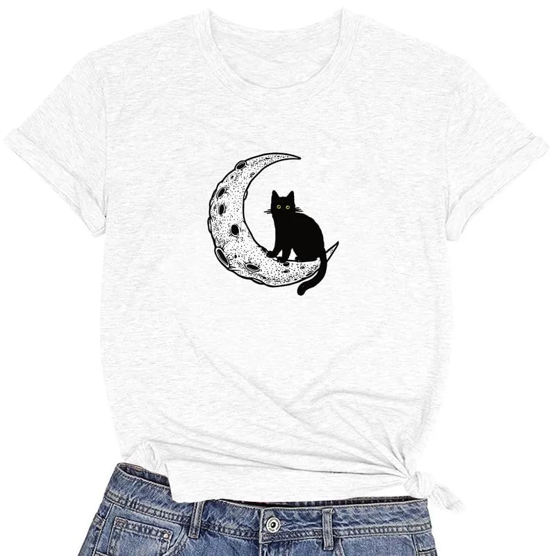 CORIRESHA Women's Moon Black Cat Crewneck Short Sleeve Casual Basic Cute T-Shirt