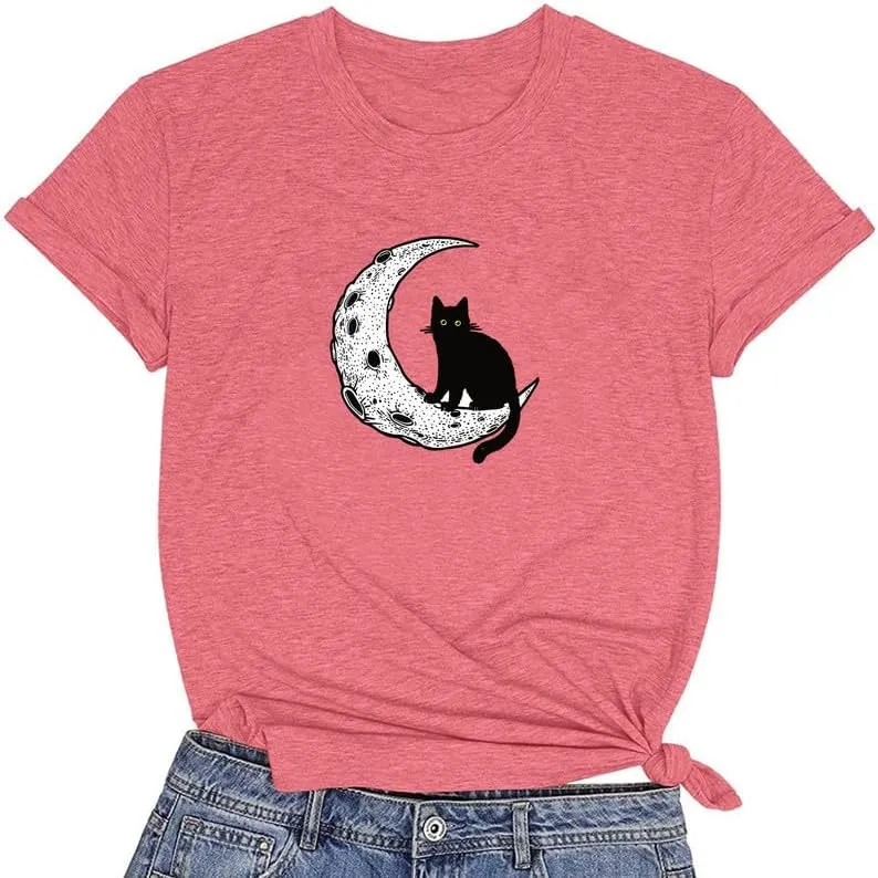 CORIRESHA Women's Moon Black Cat Crewneck Short Sleeve Casual Basic Cute T-Shirt