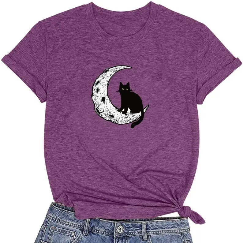 CORIRESHA Women's Moon Black Cat Crewneck Short Sleeve Casual Basic Cute T-Shirt