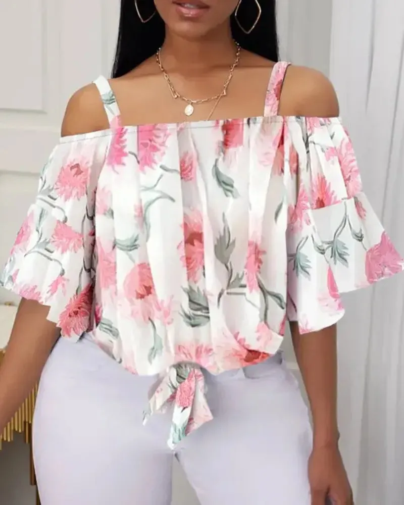 Deanwangkt - Off Shoulder Floral Tie Front Bell Sleeve Top