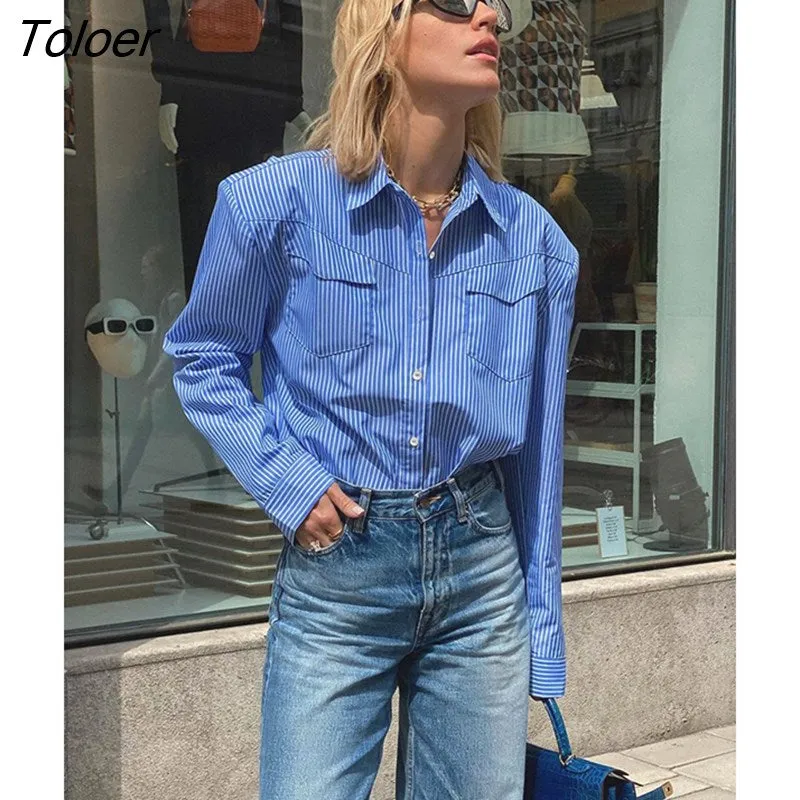 deanwangkt Streetwear Striped Shirts Fashion Lady Long Sleeve Spring Blouse Women Long Sleeve Lapel Shoulder Pads Blue All-Match Tops