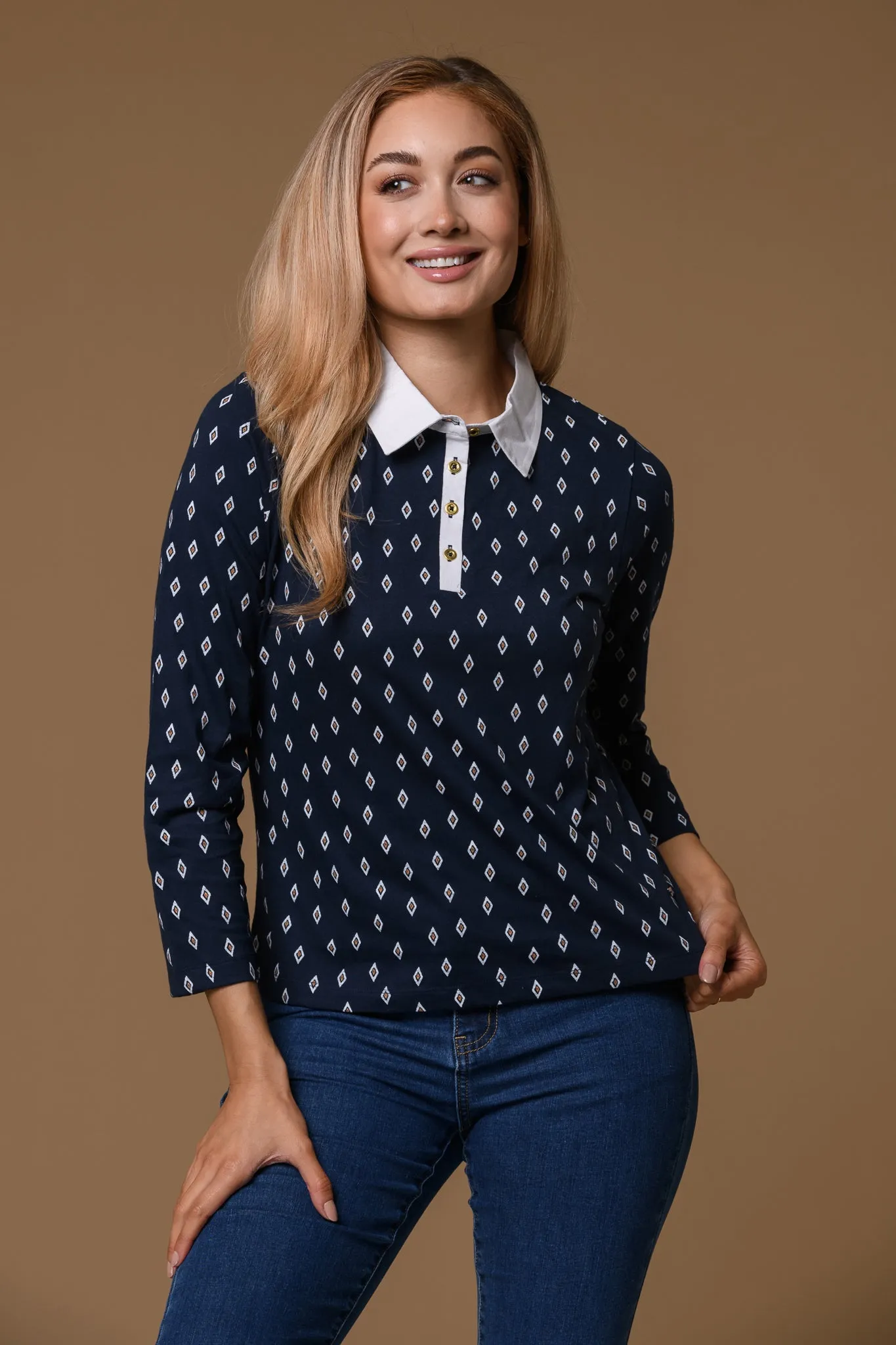 Diamond Print Collar Tee- Navy