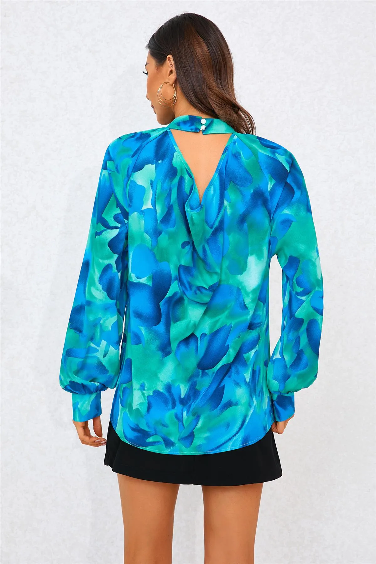 FS Collection Abstract Floral Print Halter Neck Blouse Top In Blue