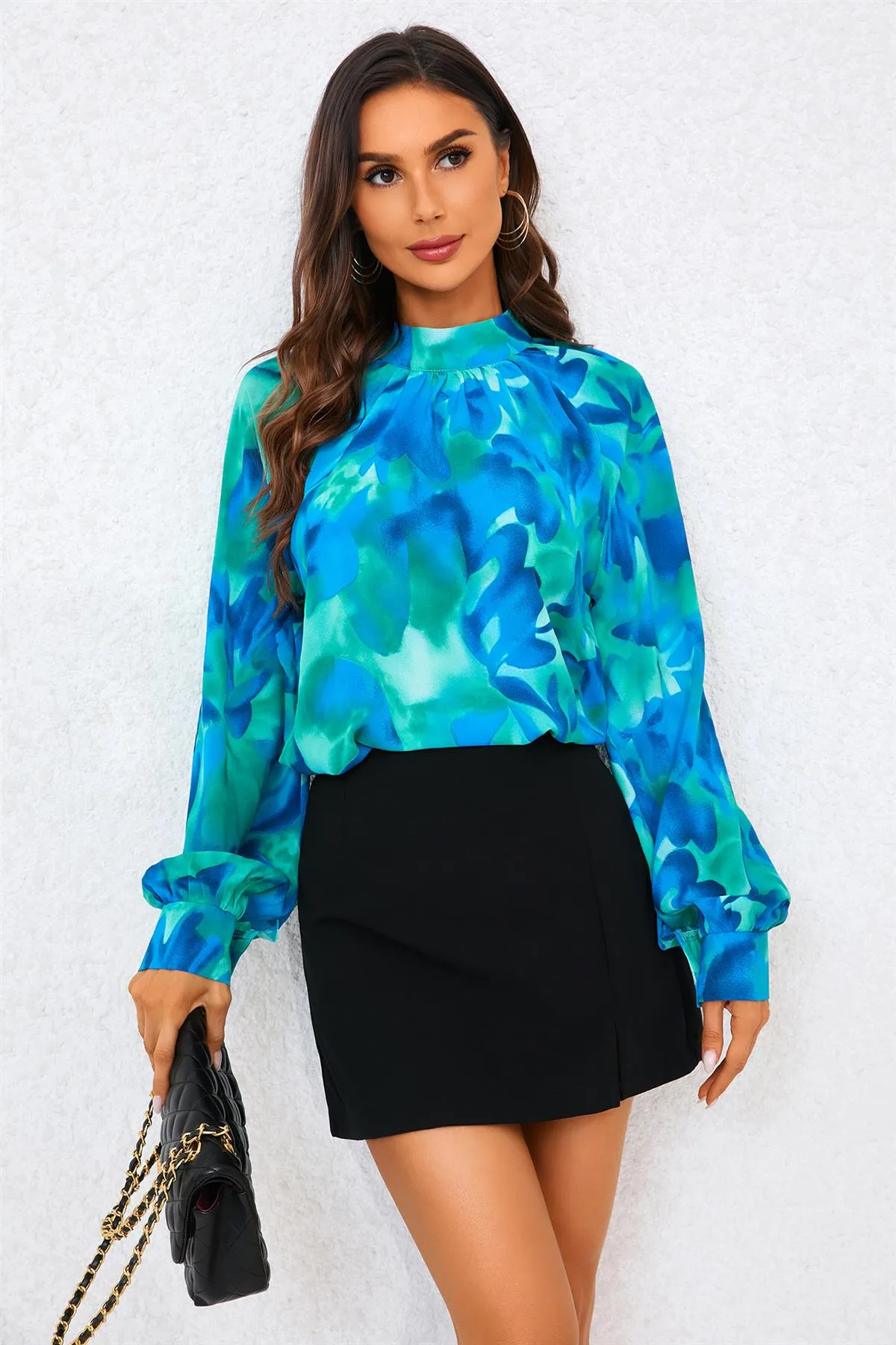 FS Collection Abstract Floral Print Halter Neck Blouse Top In Blue