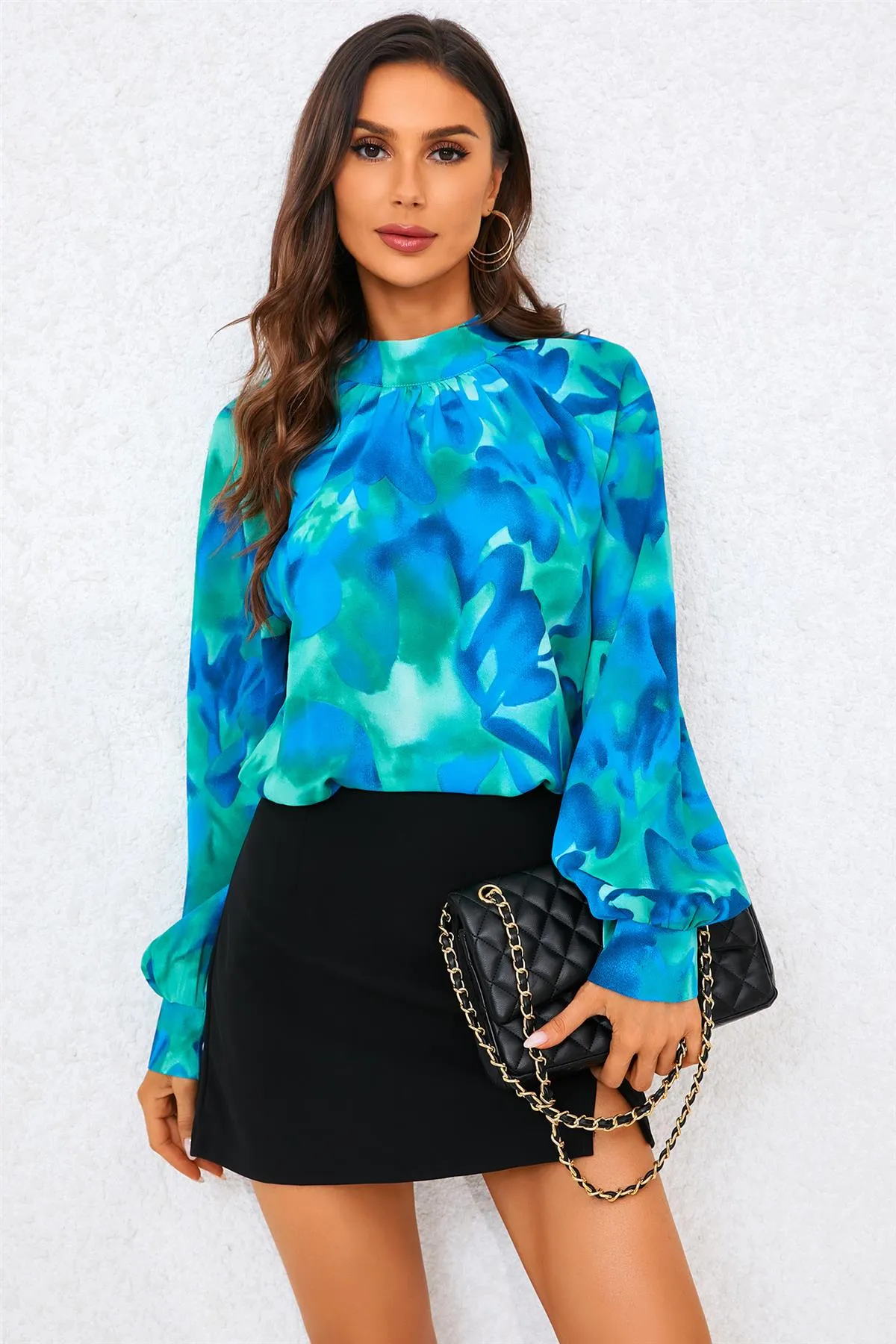 FS Collection Abstract Floral Print Halter Neck Blouse Top In Blue