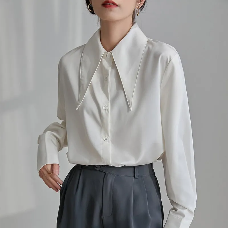 Graduation Gifts   Long Sleeve White Satin Blouse Women Autumn New Fashion Loose Vintage Button Shirt Women Clothing Chic Office Lady Tops 18015