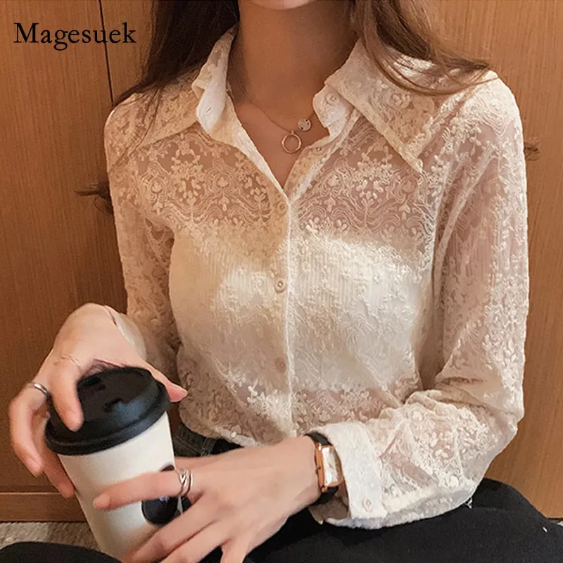 Graduation Gifts   Plus Size Spring Lace Button Shirt New Fashion Chic Floral Embroidery White Blouse Women Long Sleeve Korean Ladies Tops 13125