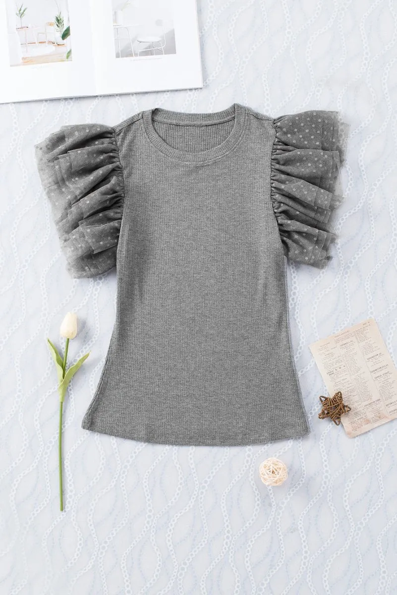 Gray Dotty Ruffle Knit Top