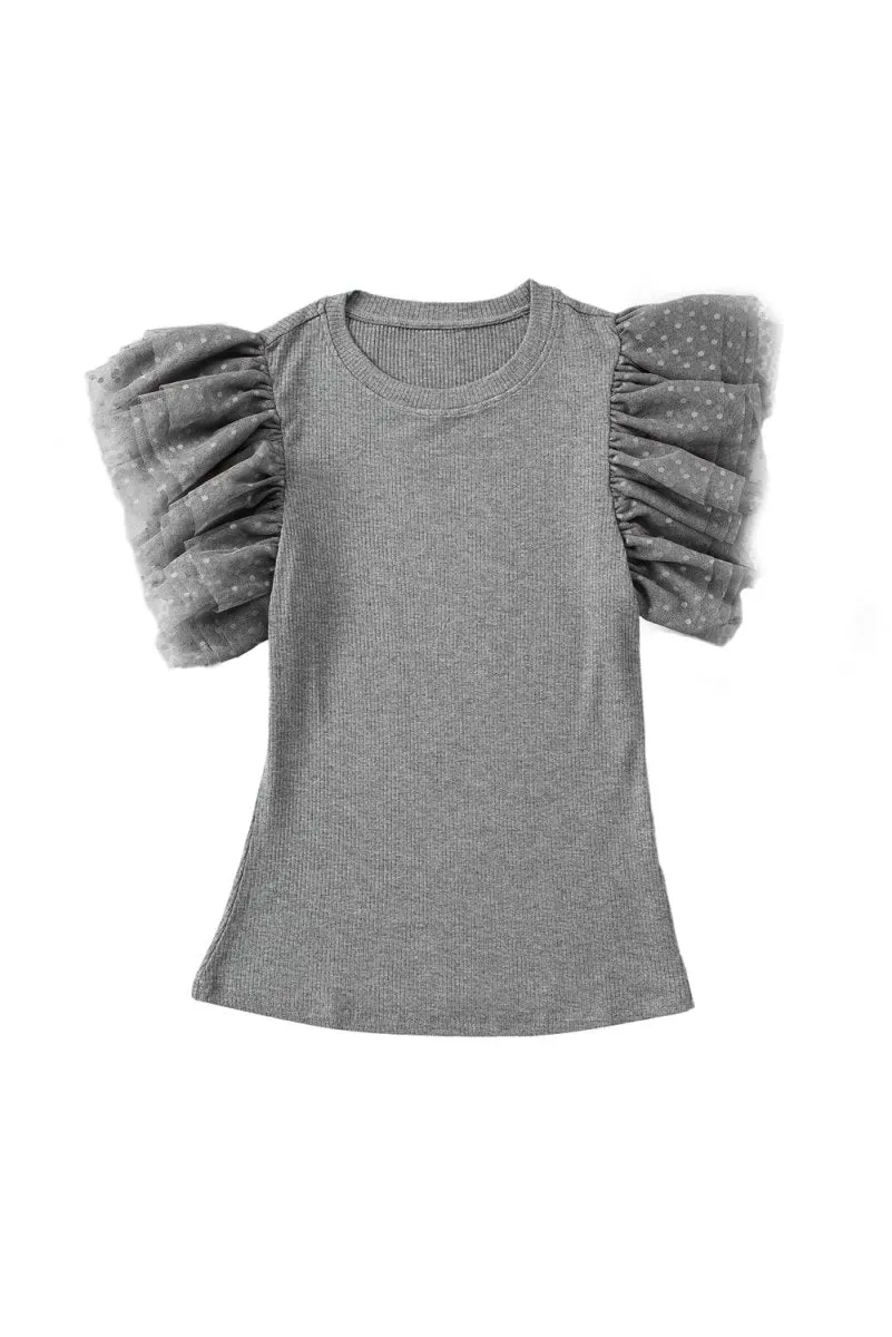 Gray Dotty Ruffle Knit Top