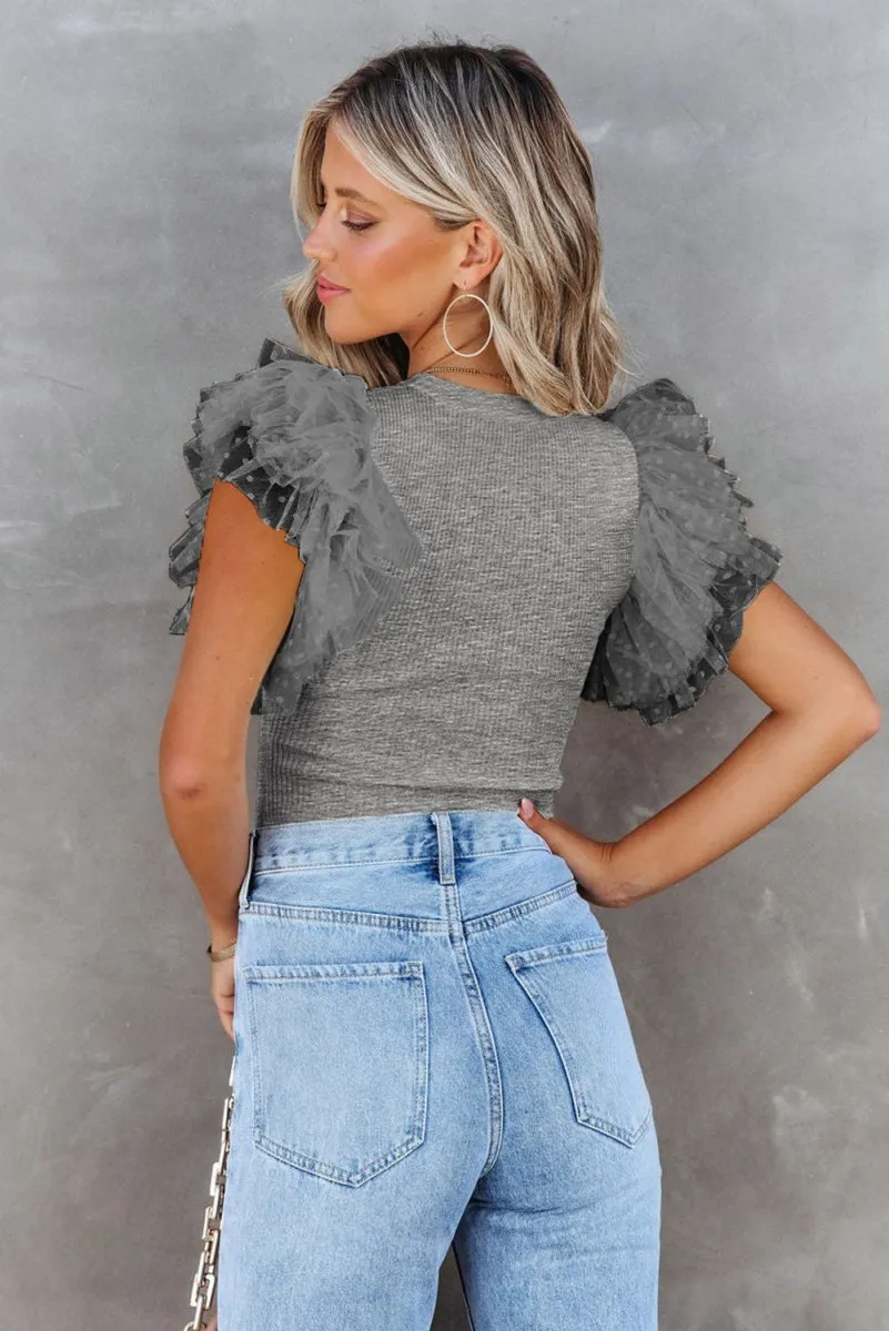 Gray Dotty Ruffle Knit Top