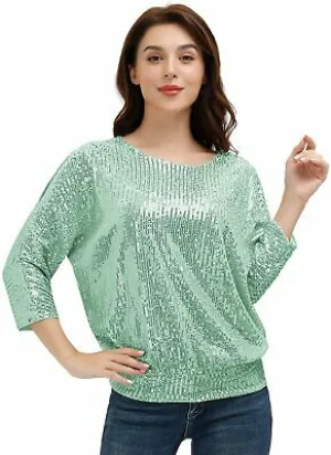 Jasambac Womens Sparkle Sequin Top Loose Cold Shoulder, Green, Size Small