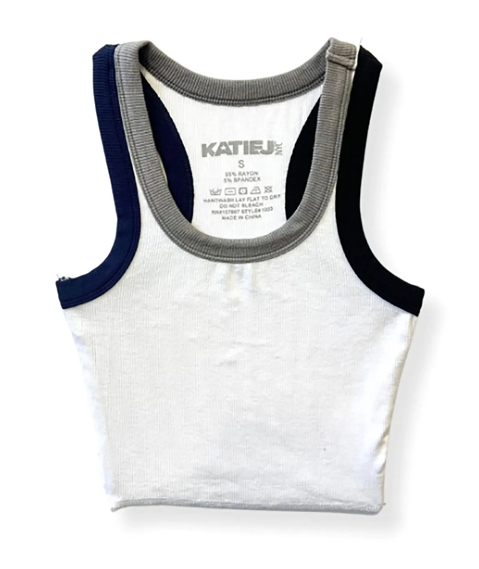 Katie J NYC Juniors Grey/Blue Trim White Livi Tank