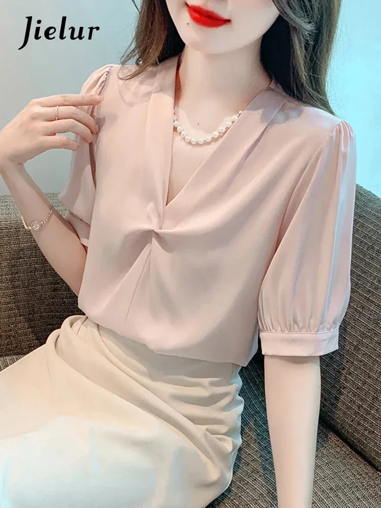 Korean Style V-neck Chic Pleated Women Blouse Puff Sleeve Elegant Summer Office Ladies Solid Color Casual Female Blouses