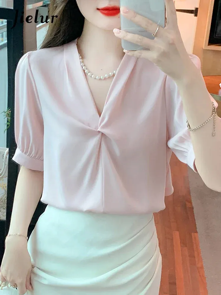 Korean Style V-neck Chic Pleated Women Blouse Puff Sleeve Elegant Summer Office Ladies Solid Color Casual Female Blouses