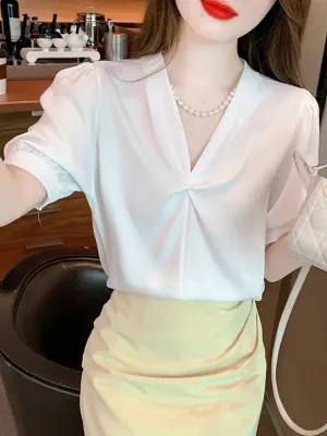 Korean Style V-neck Chic Pleated Women Blouse Puff Sleeve Elegant Summer Office Ladies Solid Color Casual Female Blouses