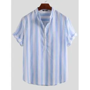 Linen Striped Collarless Henley Shirts