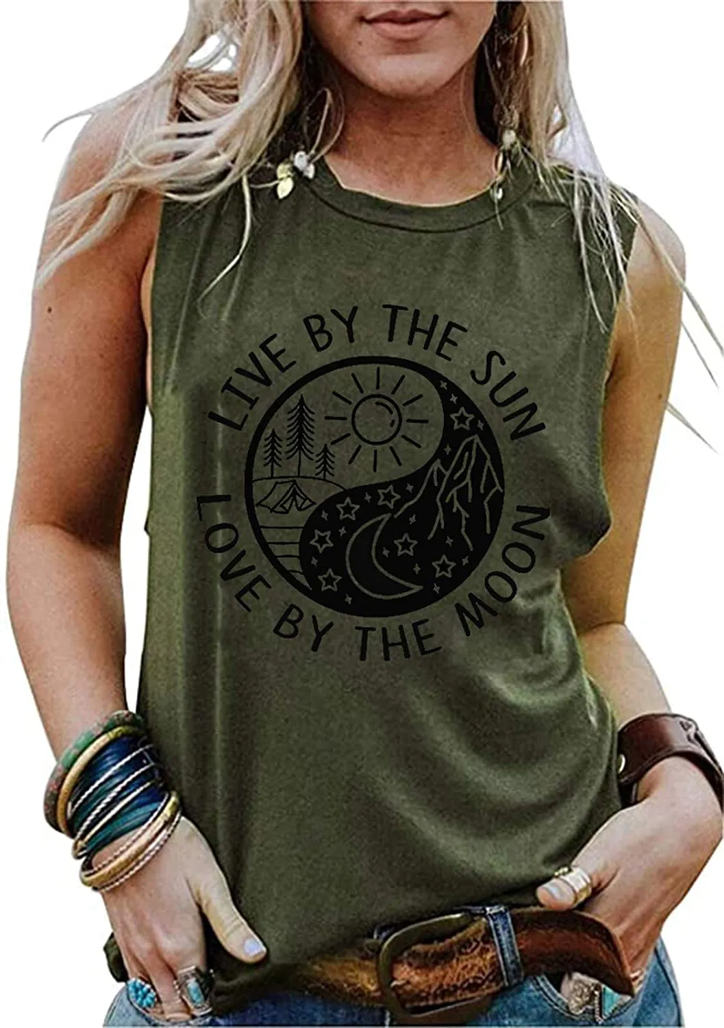 Live by The Sun Love by The Moon Tank Tops Women Funny Sun Moon Graphic T-Shirt Casual Sleeveless Beach Shirt Tank