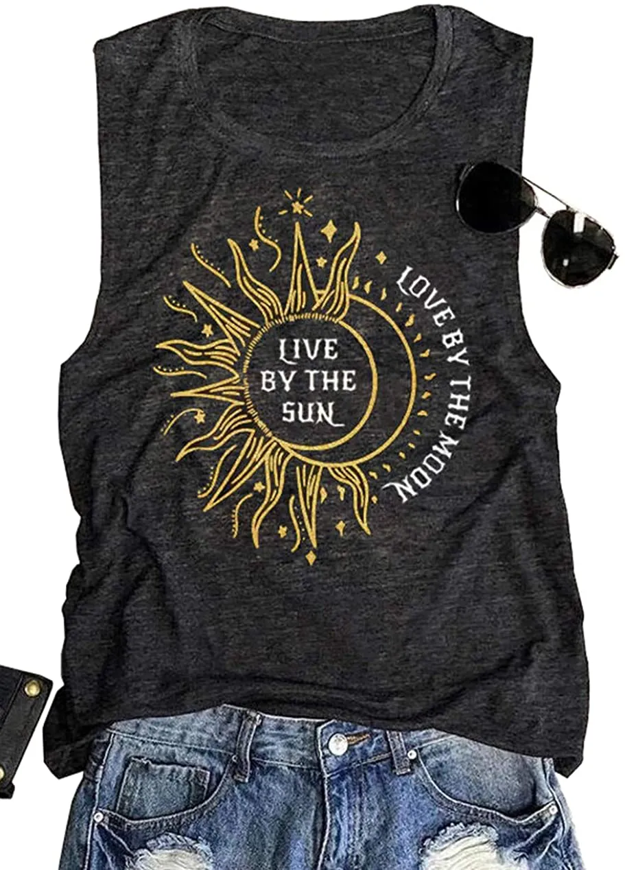 Live by The Sun Love by The Moon Tank Tops Women Funny Sun Moon Graphic T-Shirt Casual Sleeveless Beach Shirt Tank