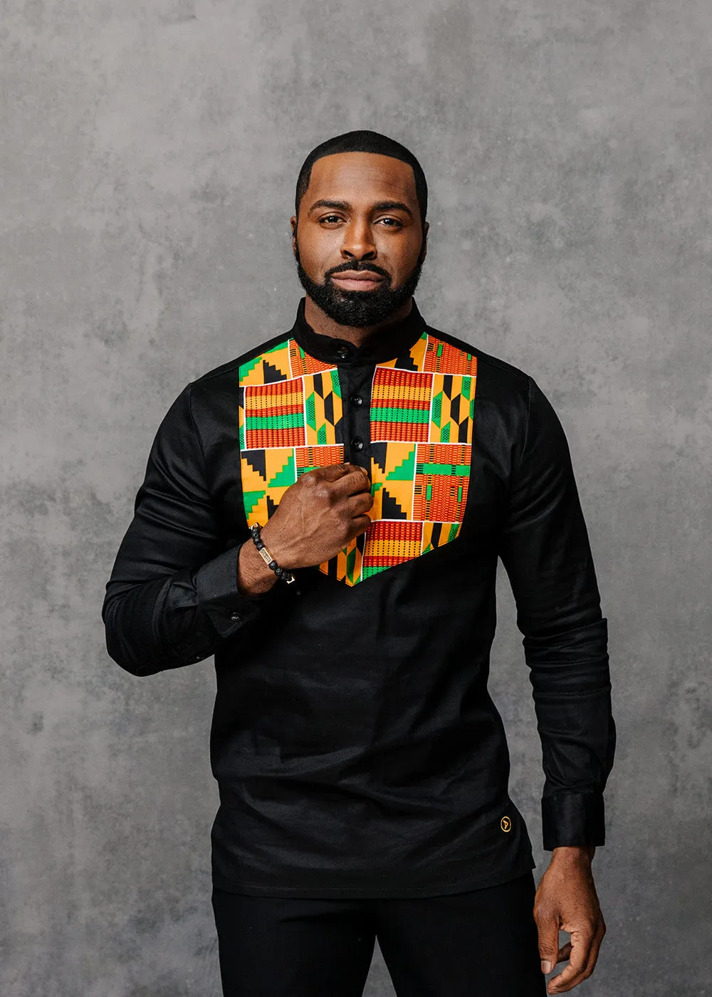 Meka Men's African Print Collared Henley Shirt (Yellow/Green Kente)