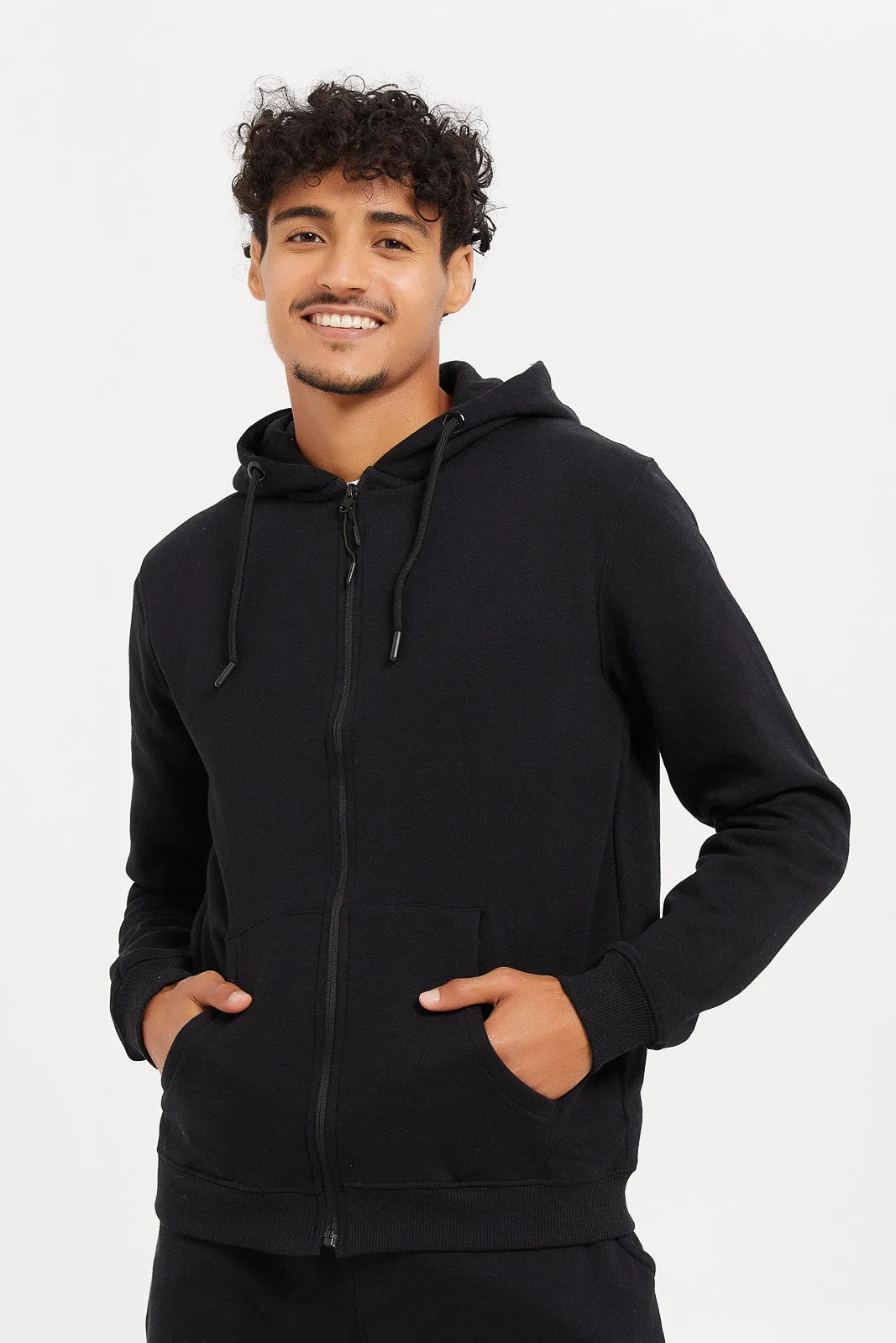 Men Black Zip Through Hooded Sweatshirt